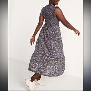 Old Navy Dress Womens 3X Blue Floral Midi Tiered Ruched V-Neck Sleeveless Boho